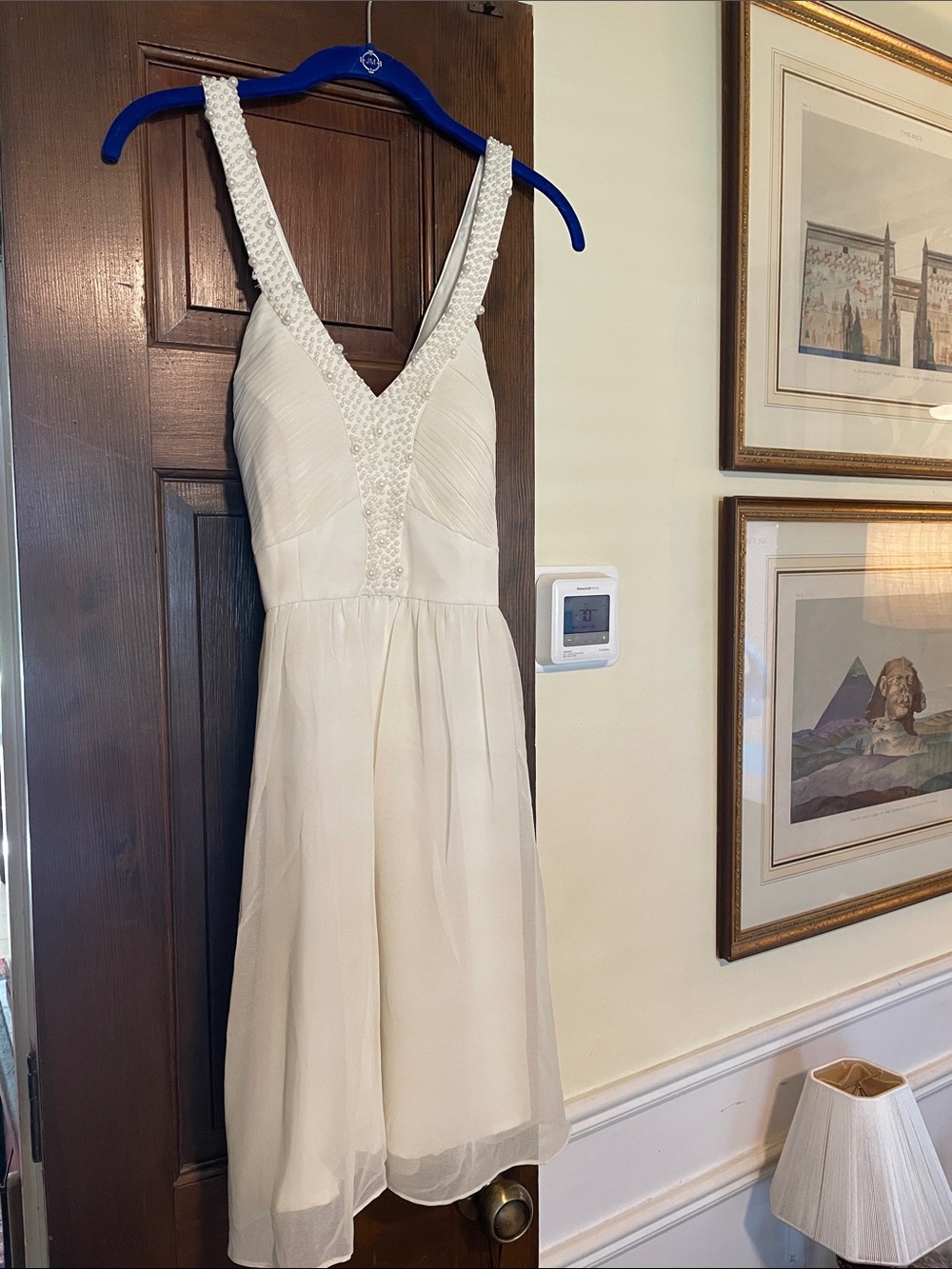 Minuet Petite Cream V-Neck Midi Dress with Beaded Straps